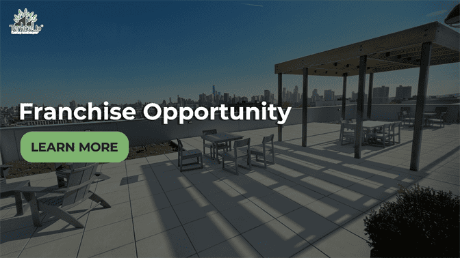 Modern rooftop patio with tables and chairs, featuring text 'Franchise Opportunity' and 'Learn More', under the Terrace Up logo.